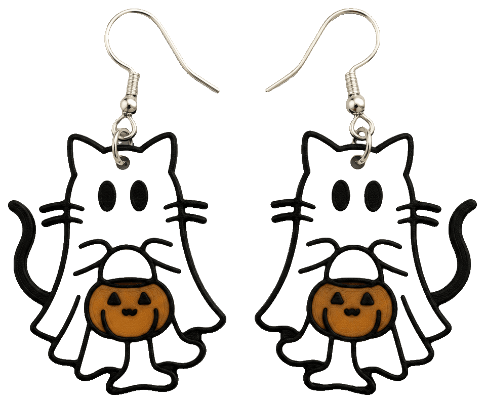 Ghost Cat Pumpkin Earrings (Halloween) — 3D-printed earrings