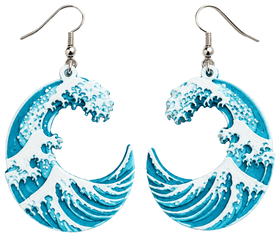 The Great Wave off Kanagawa HueForge Earrings — 3D-printed earrings