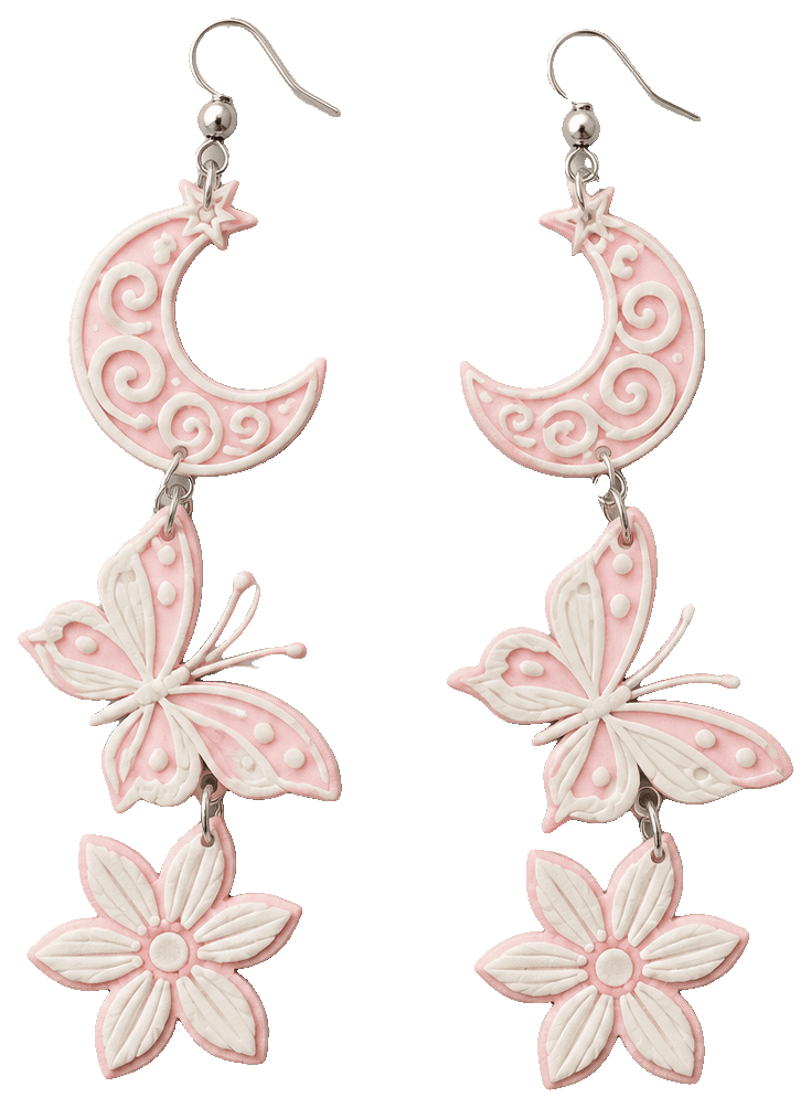 Flutter Wing, Moon and Flower Earrings — 3D-printed earrings
