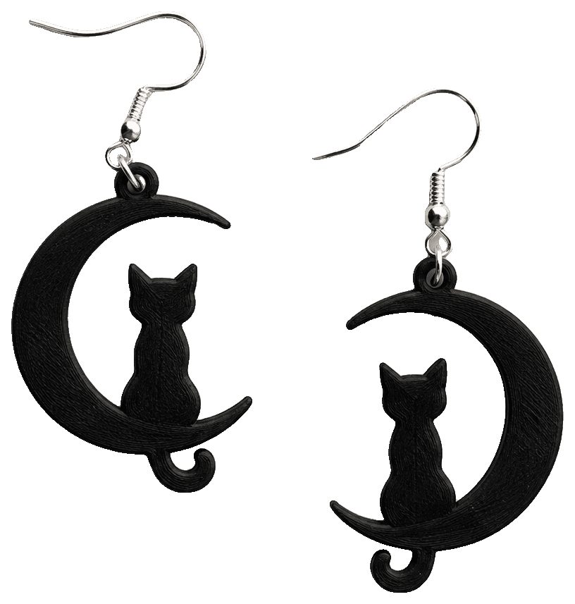 Cat and Moon Earrings — 3D-printed earrings