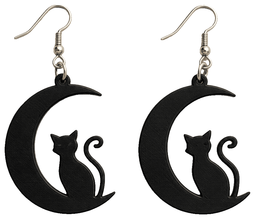 CAT IN A MOON EARRINGS — 3D-printed earrings