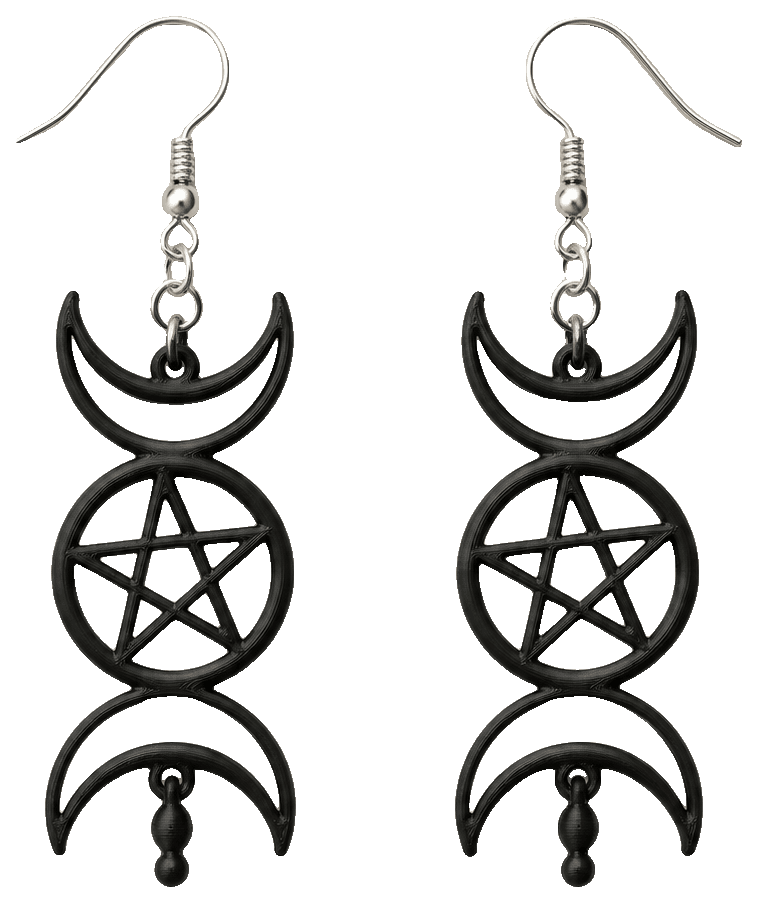 Pendientes triple luna Diosa + Pentáculo — 3D-printed earrings