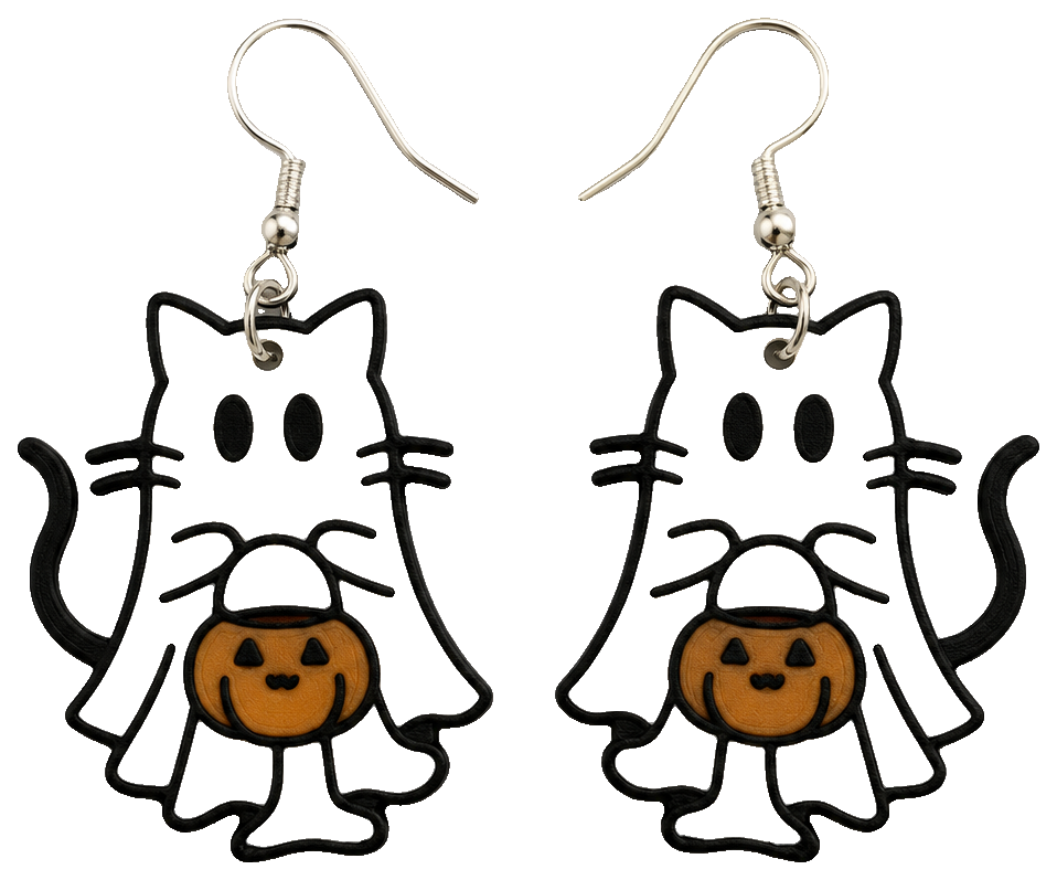 Ghost Cat Pumpkin Earrings (Halloween) — view 1