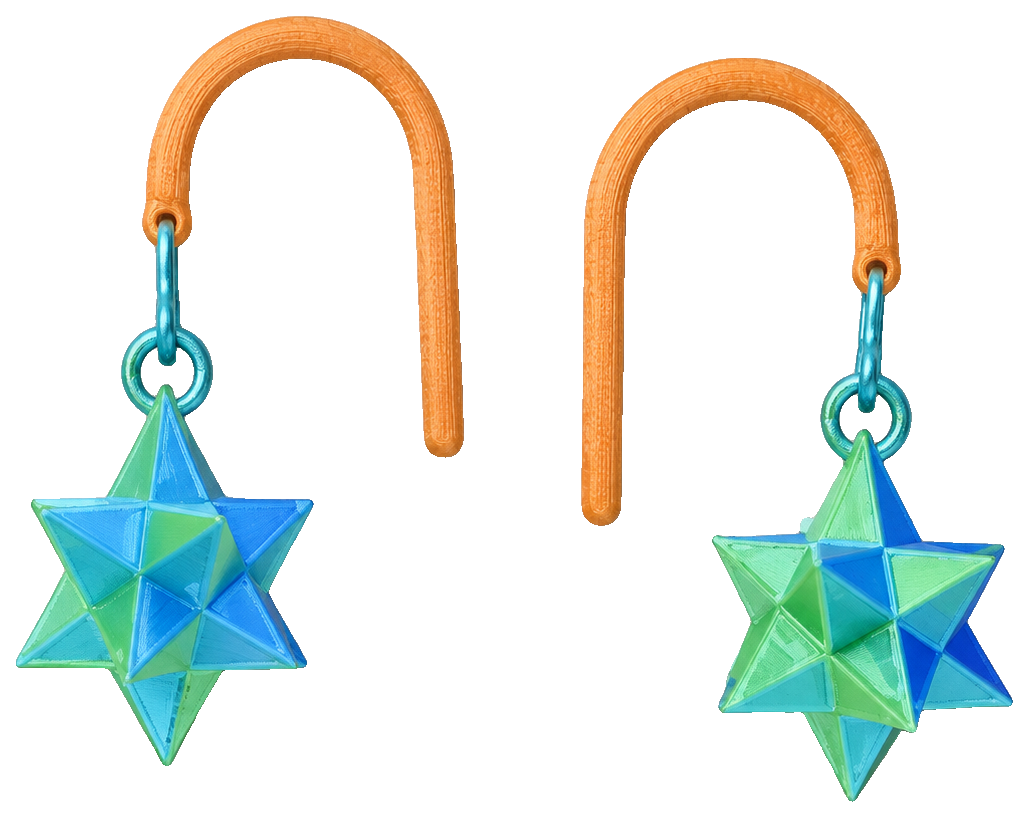 Stellated dodecahedron earrings — view 1
